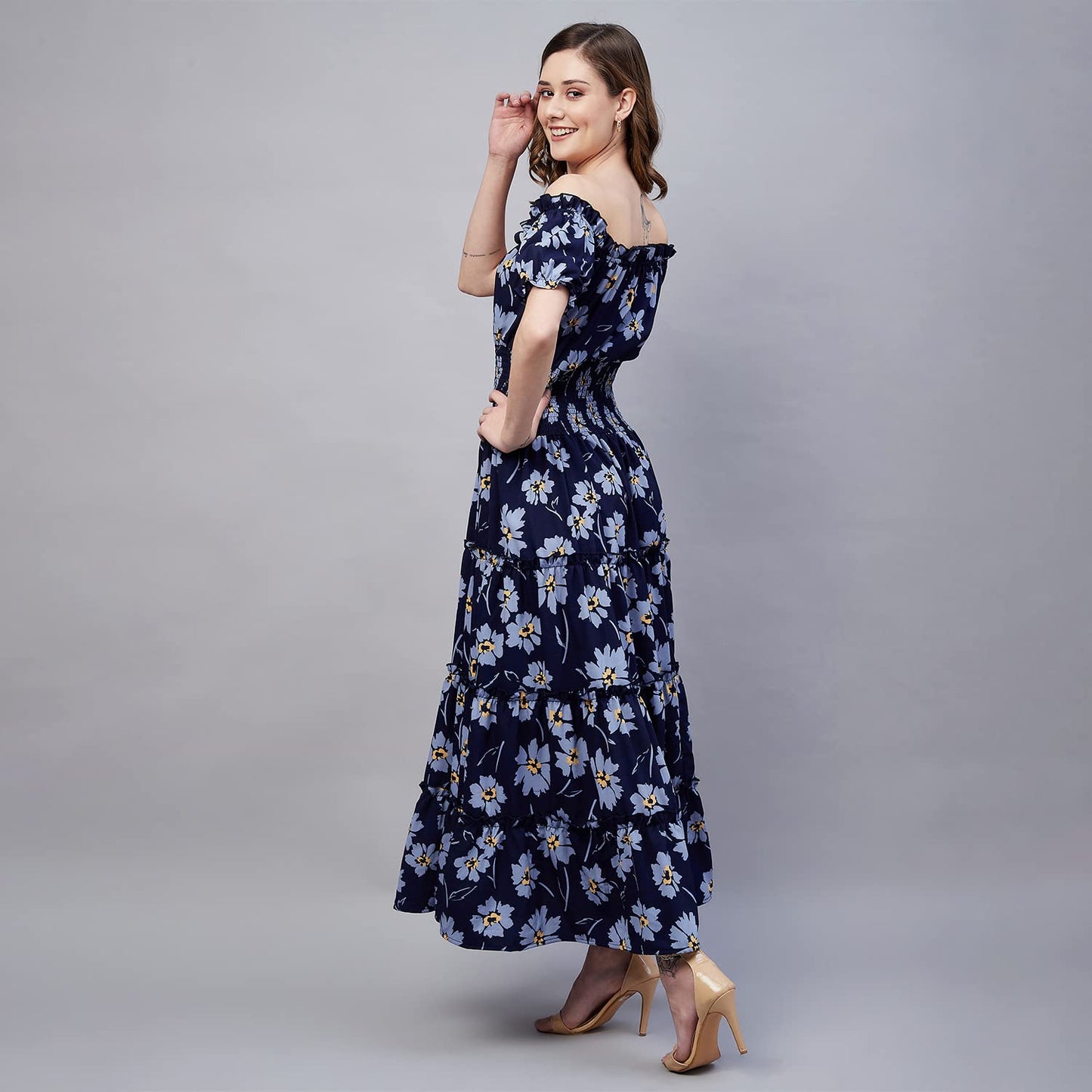 Carlton London Women's Crepe Fit and Flare Maxi Dress (CL657_Navy Blue_L)