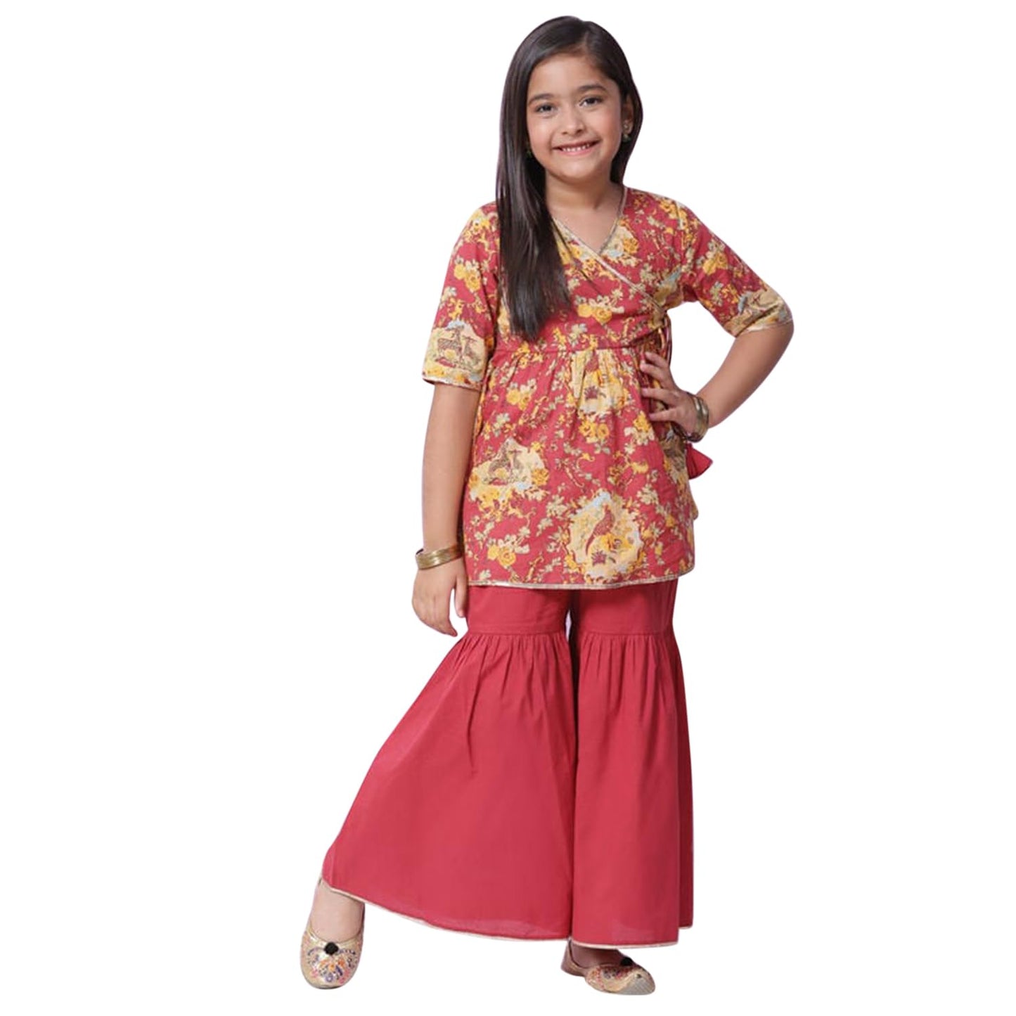 BIBA Girls Cotton Flared Printed Suit Set (KW5028EAW22RED_Red_4 5 Years)