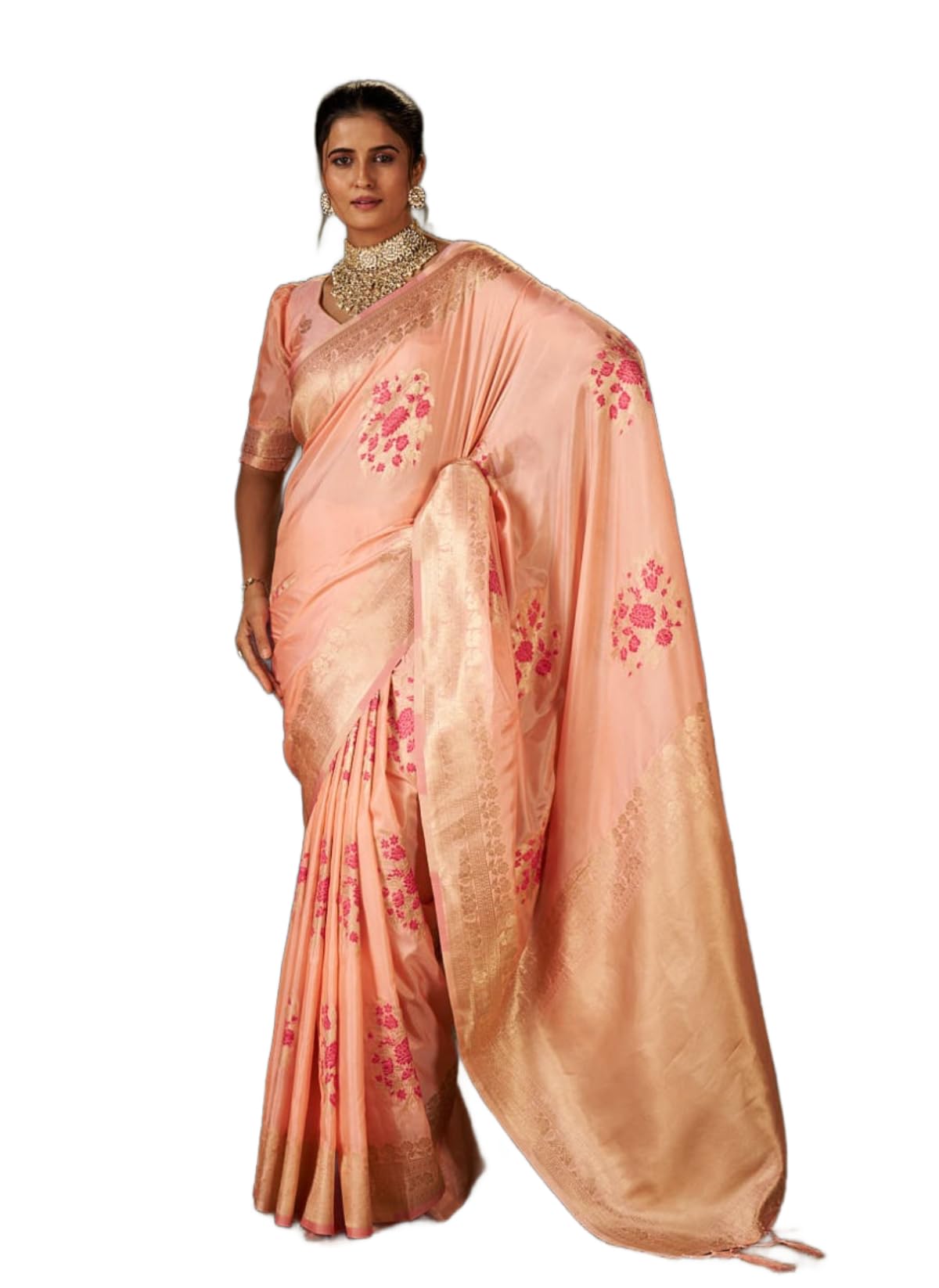 SWORNOF Women's Banarasi silk Saree With Unstitched Blouse Piece (PEACH)