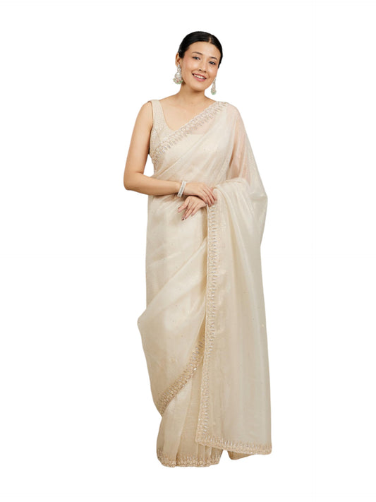 MOHEY Women's Chinon Hand Embroidered & Sequinned Saree(Cream)