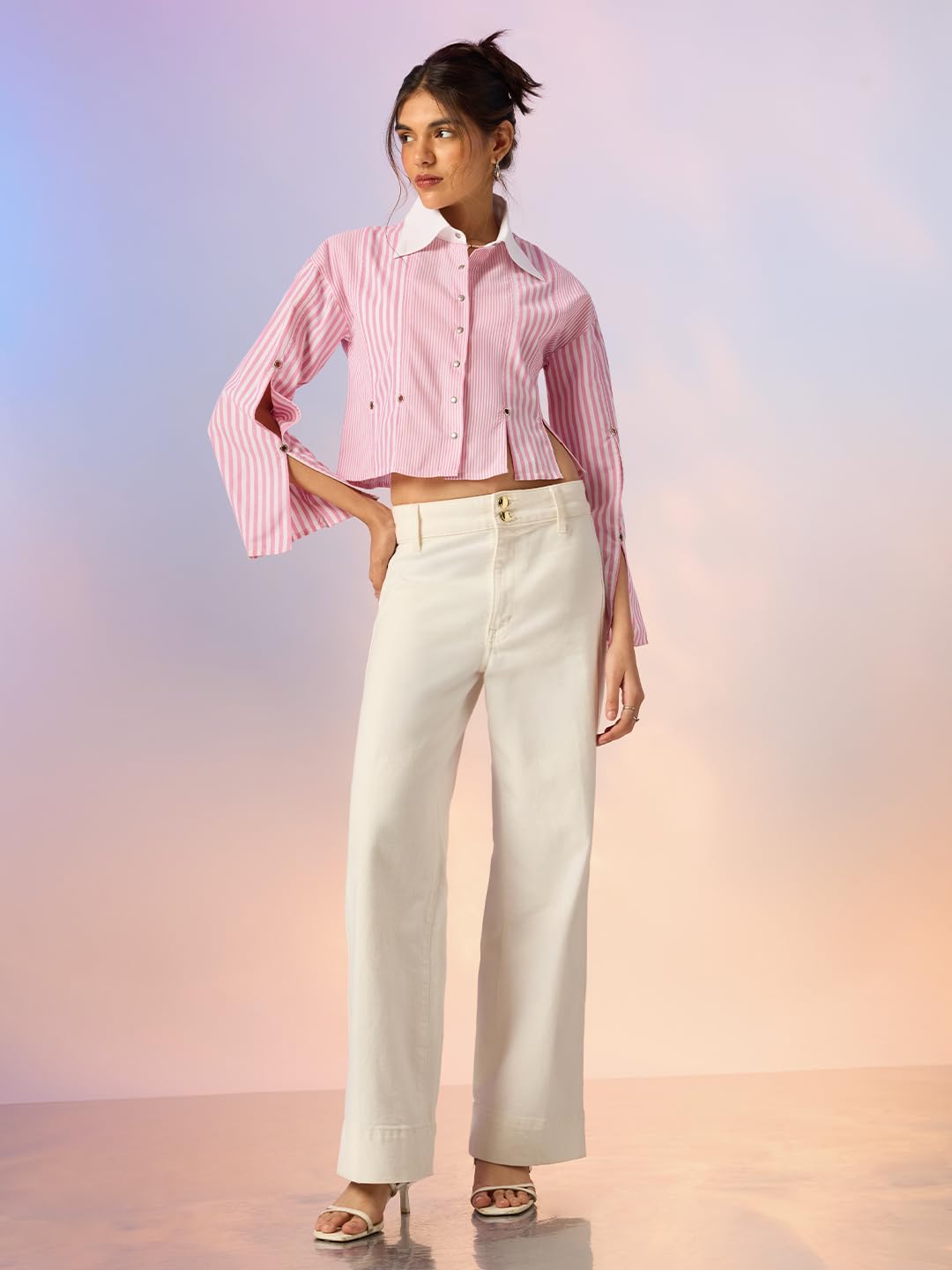 The Souled Store Stripe Shirt: Pink Play Women and Girls Full Length Sleeves Spread Collar Pink and White Geometric Striped Cotton Oversized Fit Eyelet Slit Hem Lightweight Everyday Shirt