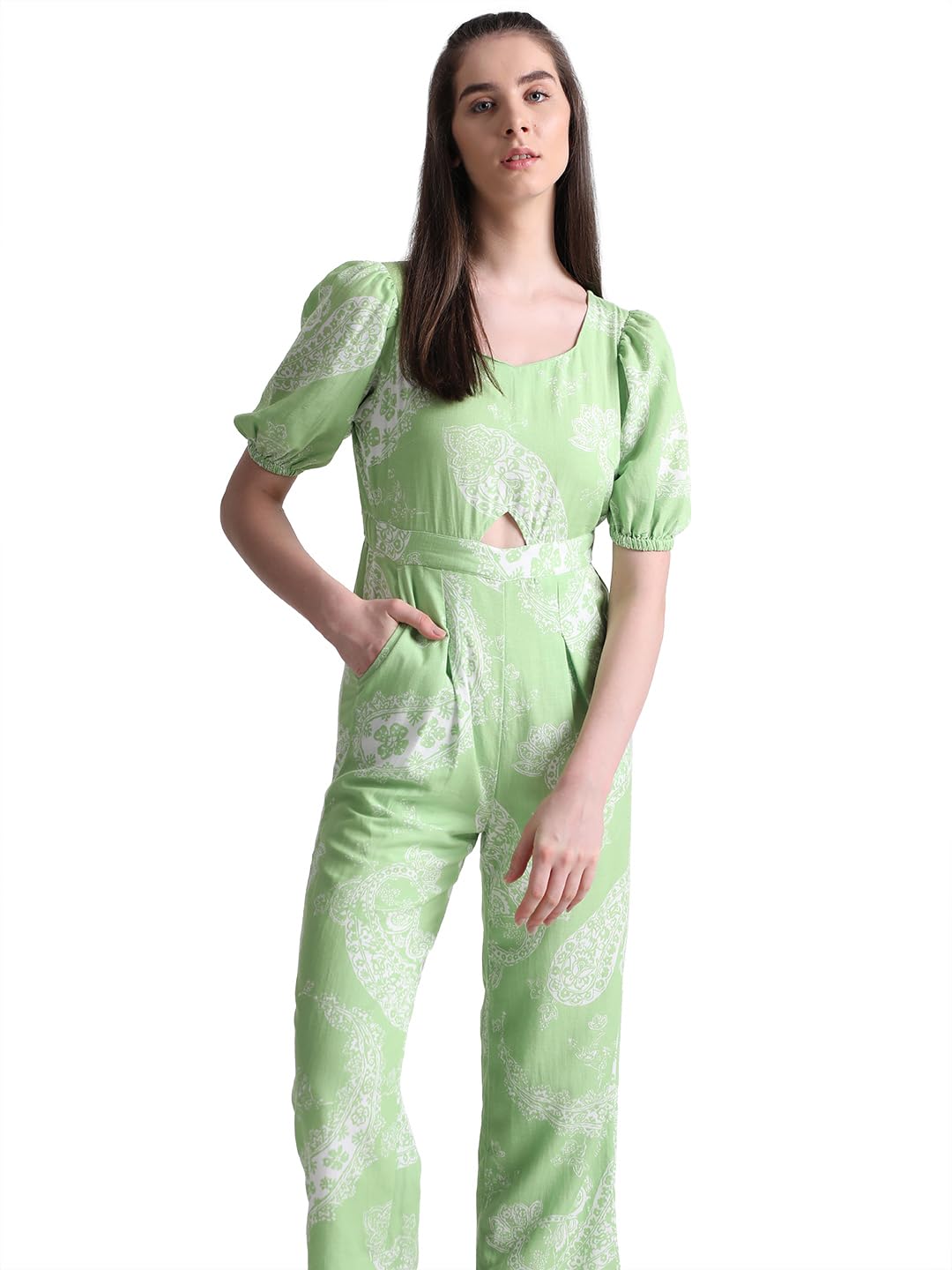 Only Women's Rayon Blend Regular Fit Green Jumpsuit_Large