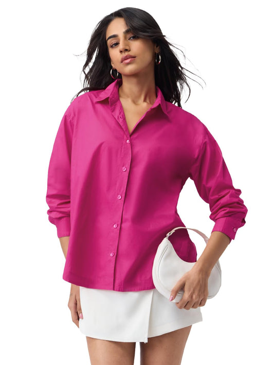 The Souled Store Solids: Desire Women and Girls Full Sleeves Spread Collar Pink Solid Cotton Oversized Fit Lightweight Comfortable All-Season Shirt for Casual Streetwear