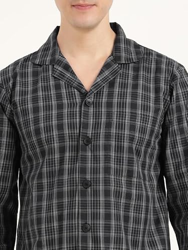 Hancock Men Cotton Checked Relaxed Fit Night Suit Black Size XL