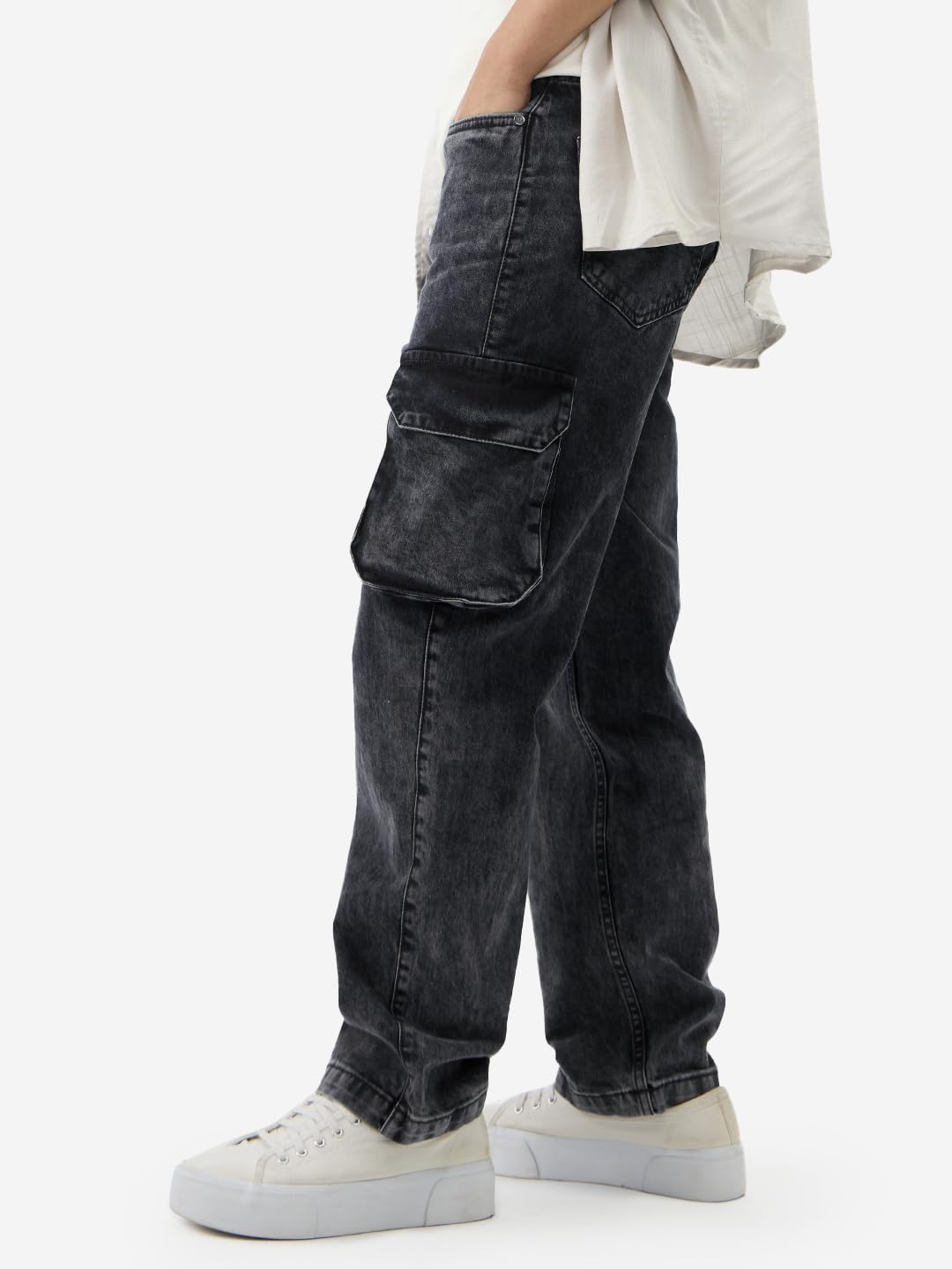 The Souled Store Solids: Stone Grey Men and Boys Buttoned Straight Fit Cargo Jeans