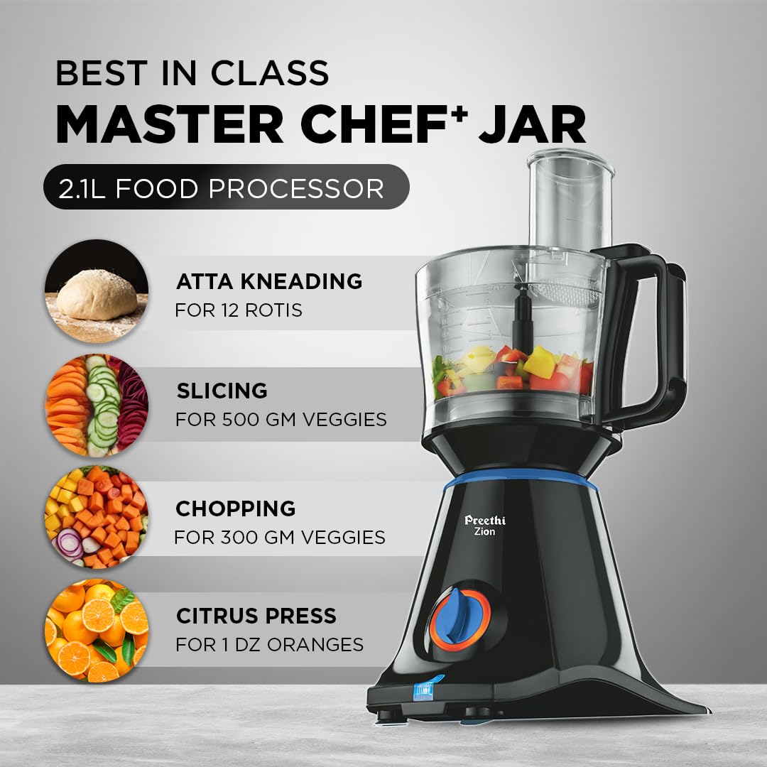 Preethi Zion Mixer Grinder for Kitchen - 4 Jars 750 Watt Mixie (3 Stainless steel Jars+1 Master Chef Plus Food processor Jar), Flexi lids, Vega W5 motor, Black (MG-227)