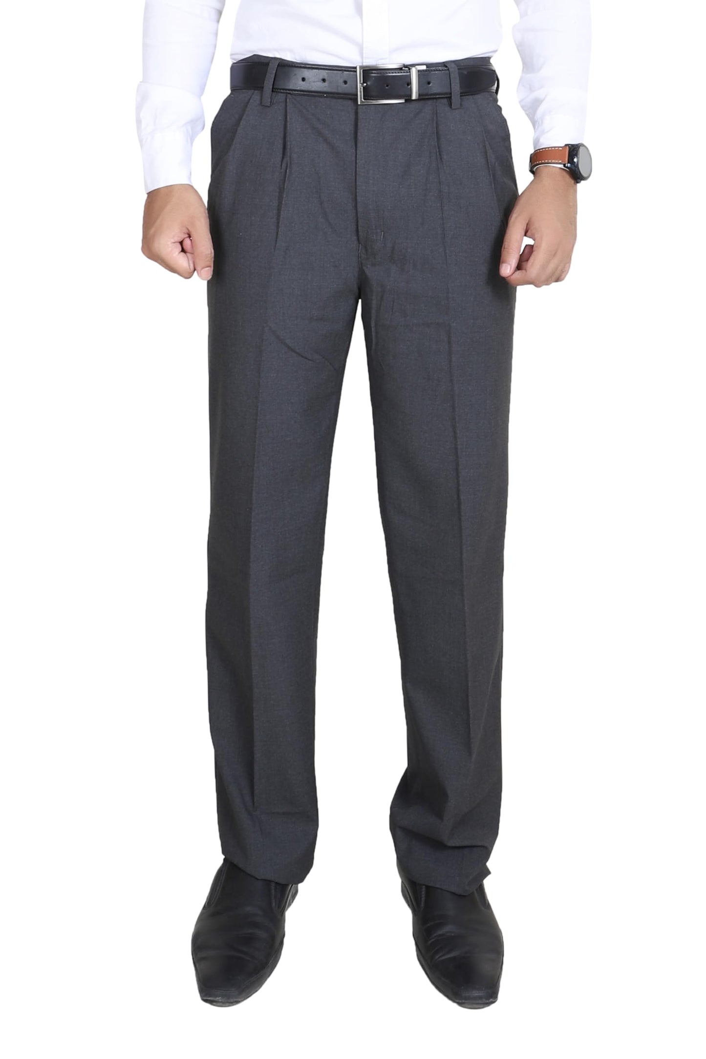 Particle Men’s Double-Pleated Regular Fit Formal Trousers – Textured Salt & Pepper Melange – Structured Cotton Blend Pants (Waist 32-46), Slate Melange Grey, 46