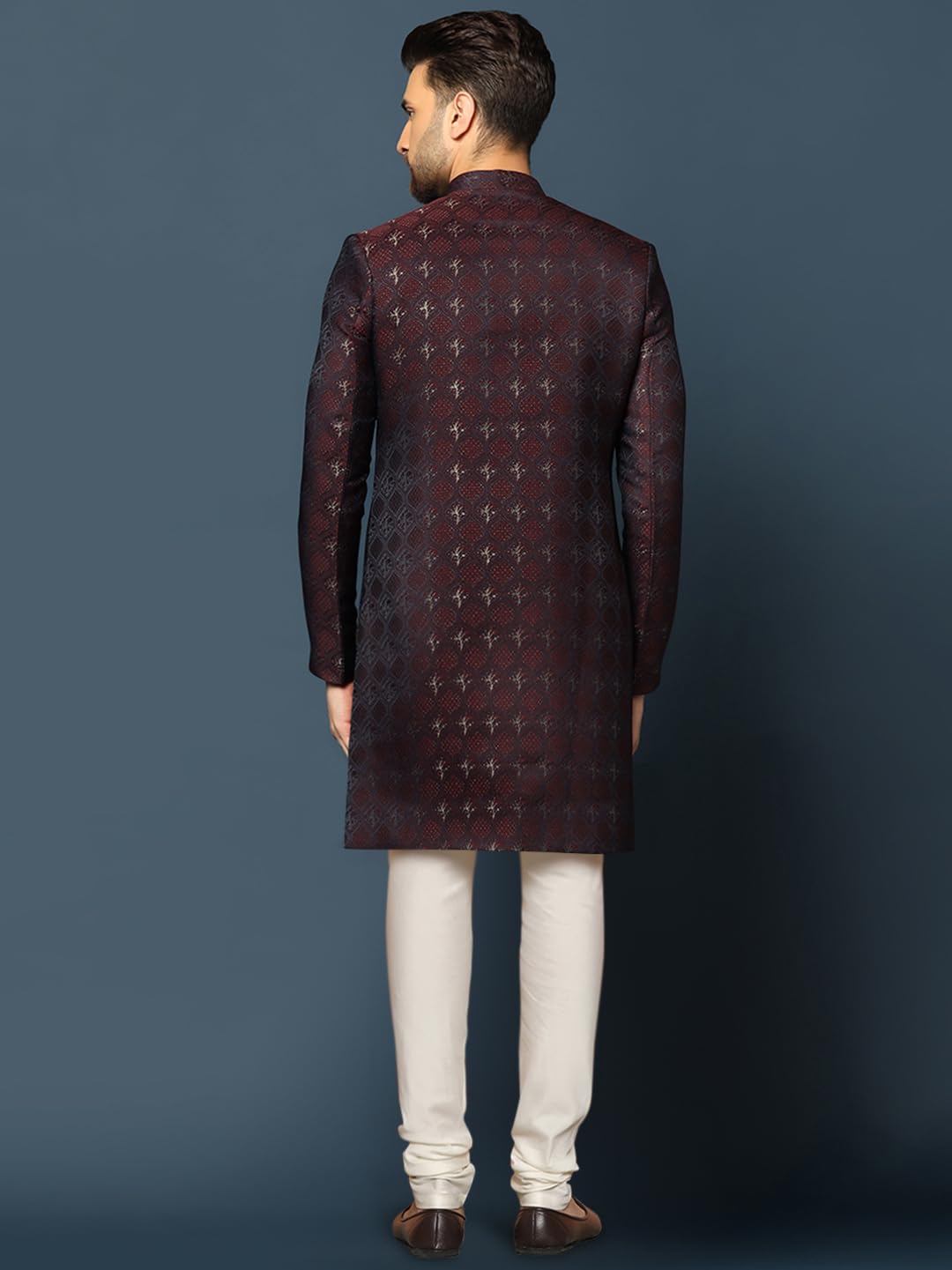 KISAH Men's Indo-Western Sherwani Churidar Set, Purple Cotton, Jacquard Mandarin Collar Regular Fit Long Sleeves (S)