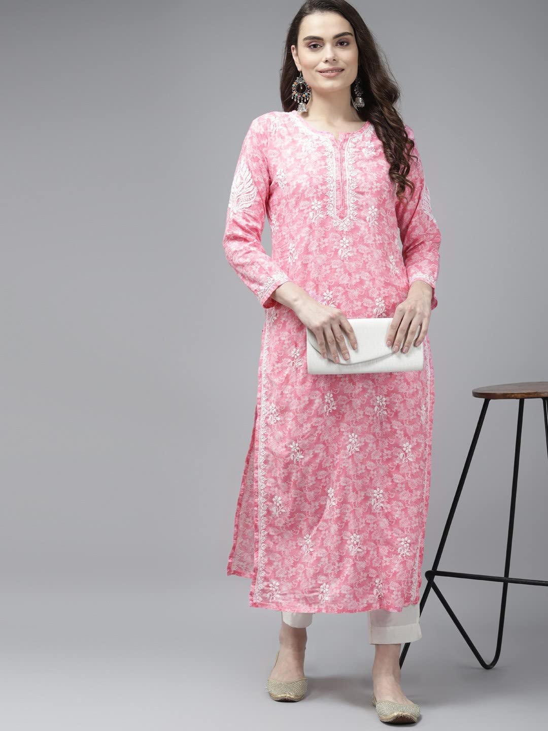 Ada Hand Embroidered Lucknowi Chikankari Cotton Kurta Kurti for Women A411381 (4XL, Pink)