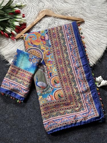 SHANTVAN GALLERY Women's Roman Silk 3D Position Print Peacock Saree with Real Mirror Work & Kodi Latkan – Festive Occasion Saree with Blouse Piece (Royal Blue)