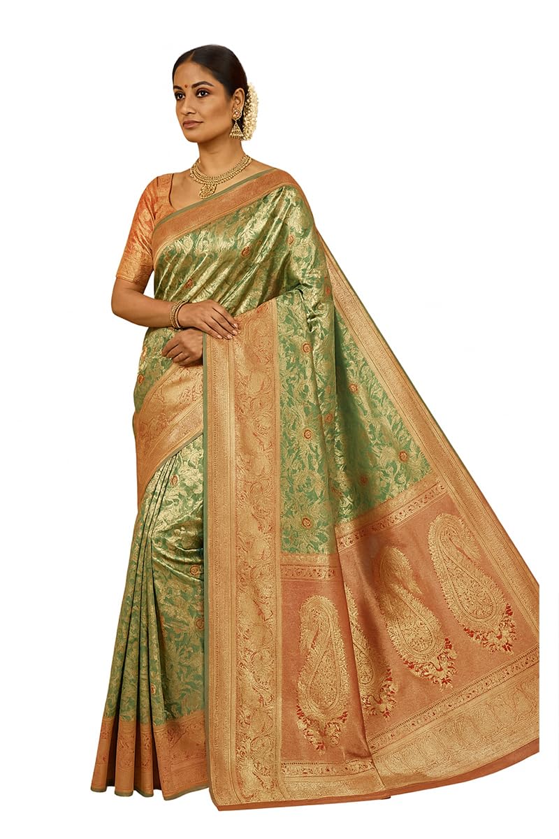 VFCollections Women's Kanchipuram Silk Pure Pattu Sarees – Peacock Border with Blouse (VFC694-3)