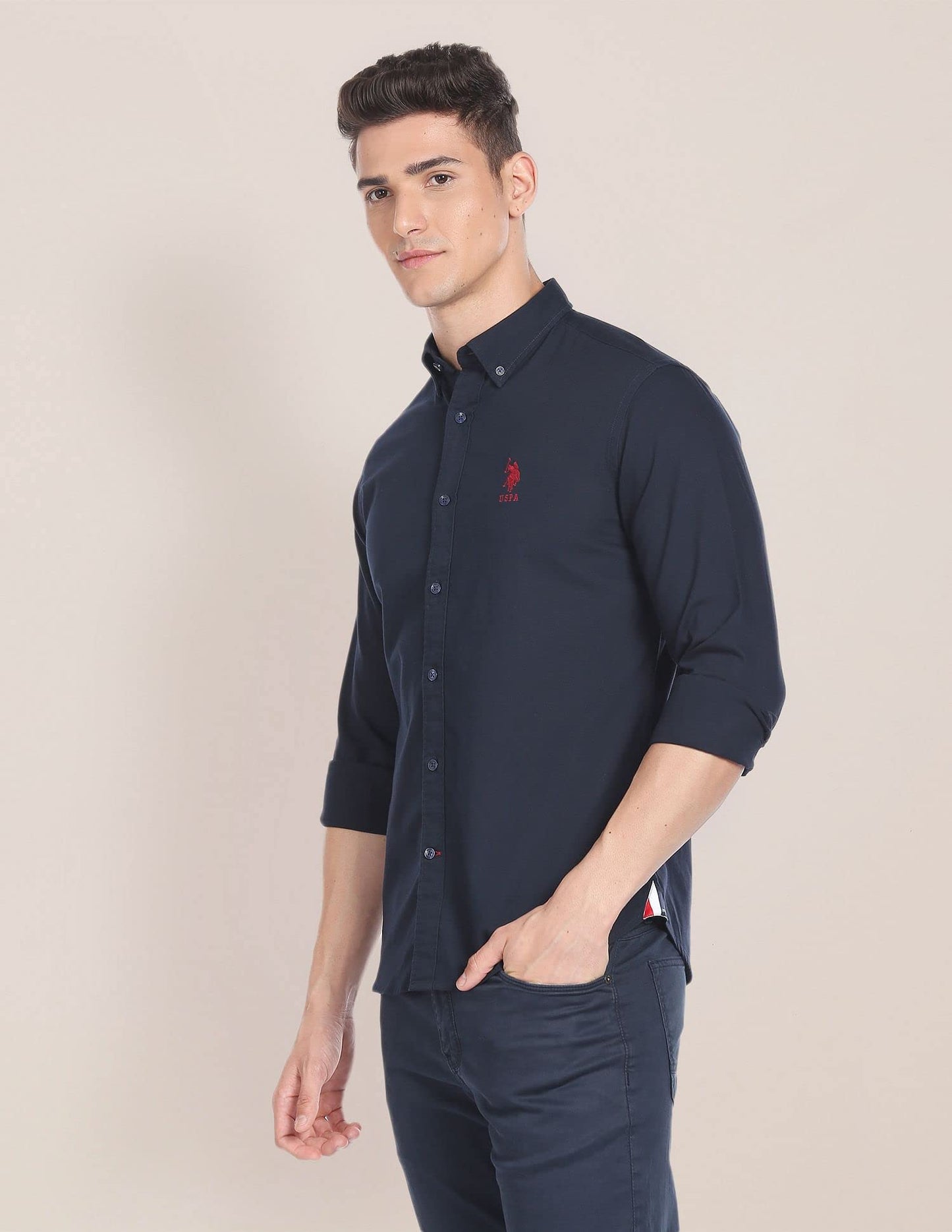 U.S. POLO ASSN. Men's Solid Slim Fit Shirt (USSHTFX0105_Navy