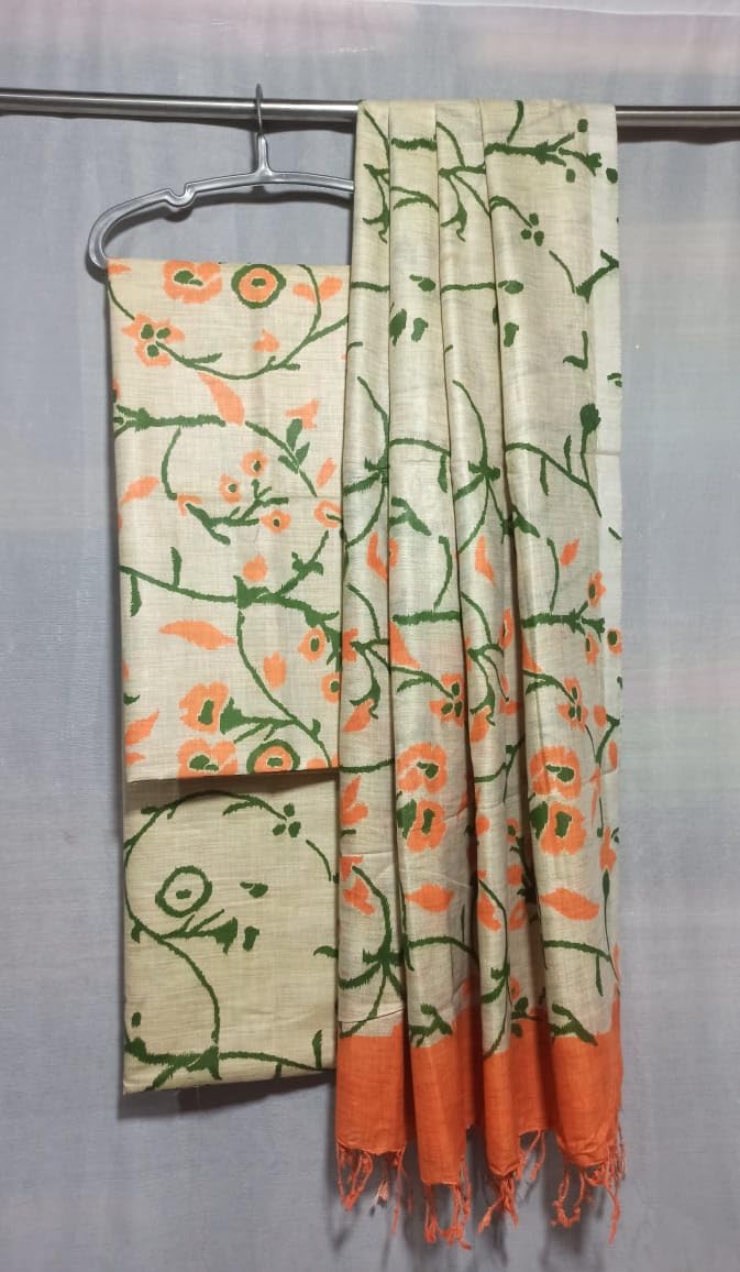 ZERATEX Women's Cotton Silk Handcrafted Screen Print Unstitched Salwar Suit Dress Material With Duputta (Orange)