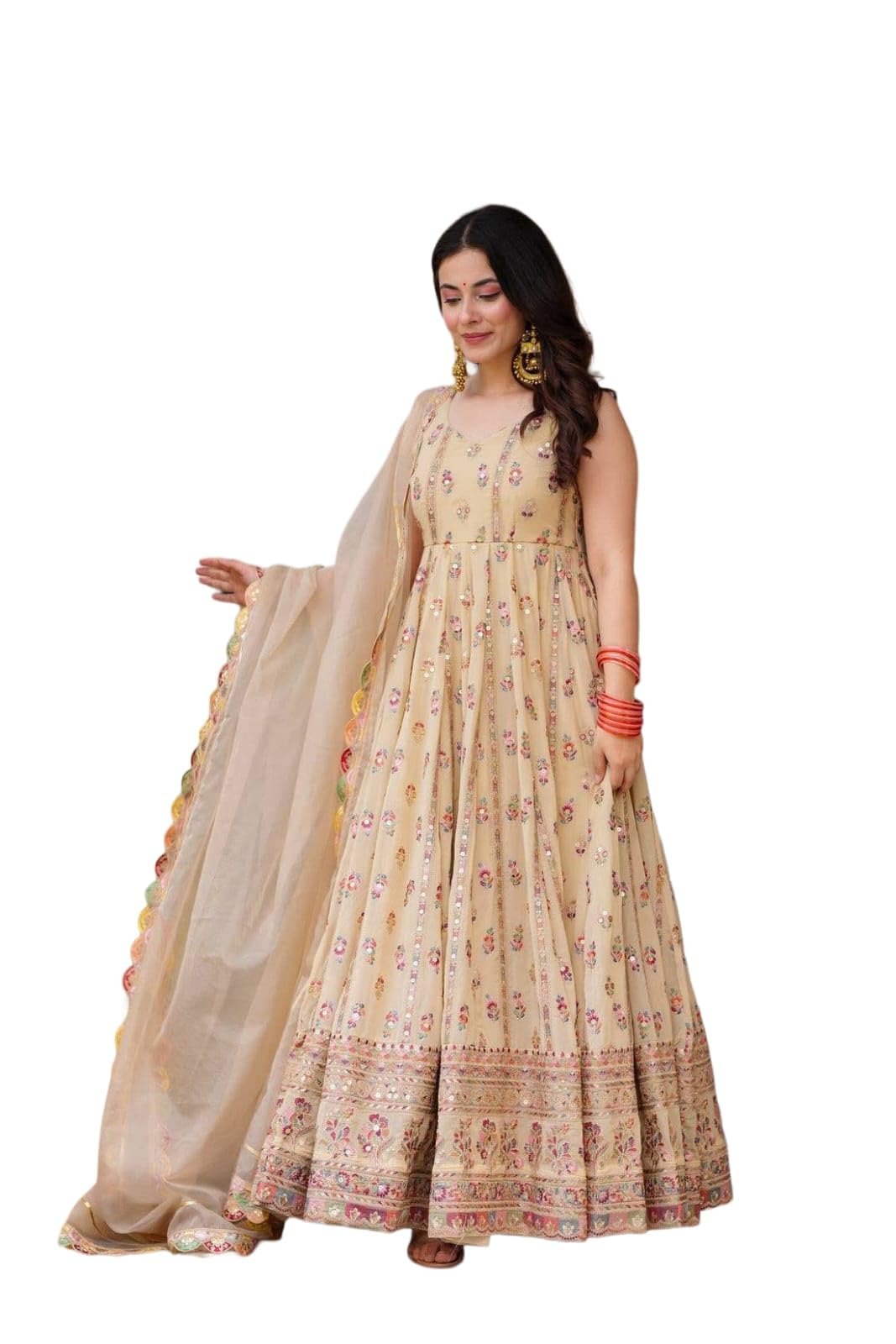 Womens Beautiful Simmer Full Heavy Embroidery Work Gown with Dupatta for Any Occasion for Women (in, Alpha, L, Regular, Women, Cream)