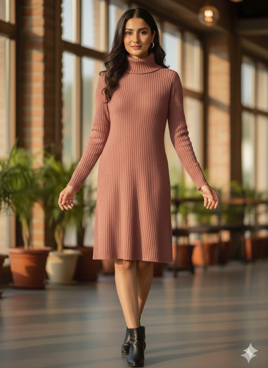 PatolaSwag Women’s Winter Knitted Warm High-Neck Knee-Length Dress – Peach Soft Ribbed Sweater Dress for Party, Office, Casual & Outing Wear (in, Alpha, M, Regular, Standard, Peach)