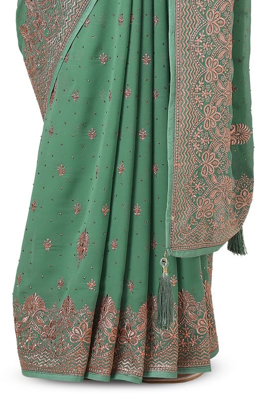 Soch Womens Light Green Georgette Embroidered Saree With Stone Work