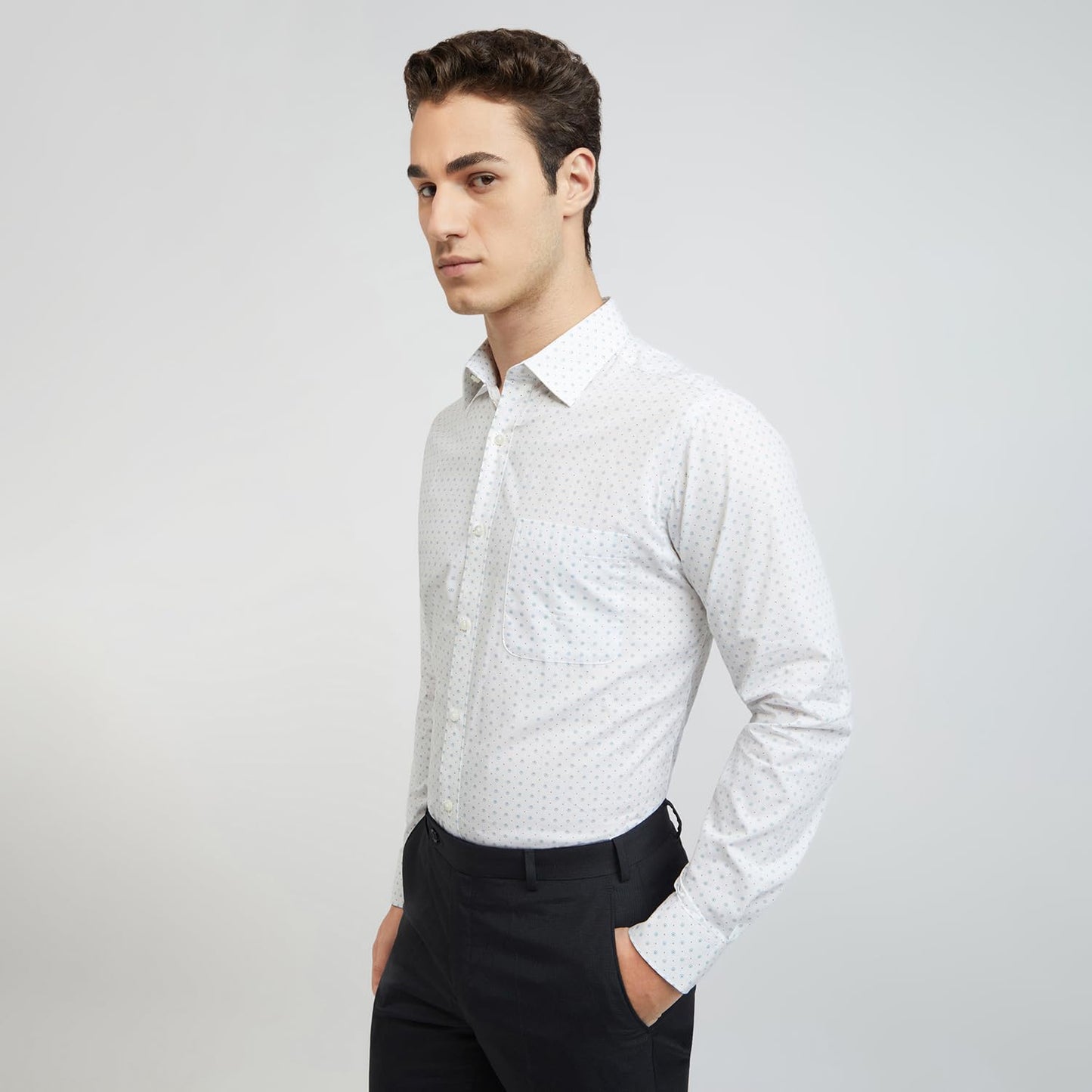 Raymond Men's Slim Fit Cotton Semicutaway Collar Print Pattern Button Closure Full Sleeve Light Blue Formal Shirt