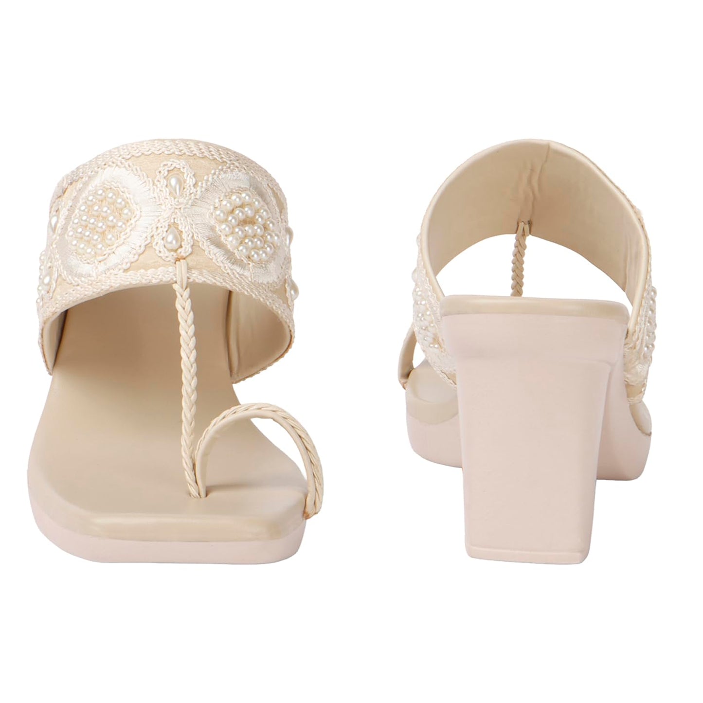 Handcrafted Embroidered Toe-Loop Women Sandals with Block Heel and Pearl Detailing for Ethnic, Festive, and Occasion Wear (Cream, UK Footwear Size System, Adult, Women, Numeric, Medium, 6)