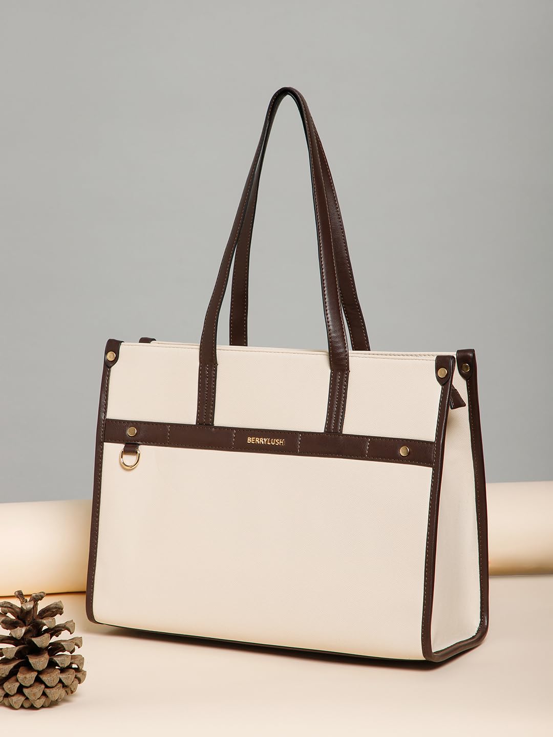 Berrylush Women Beige Solid Shoulder Bag | PU Synthetic Leather Two Handle Handbag | Spacious Zip Closure Tote with Inner Pockets | Stylish Casual & Office Use Bag