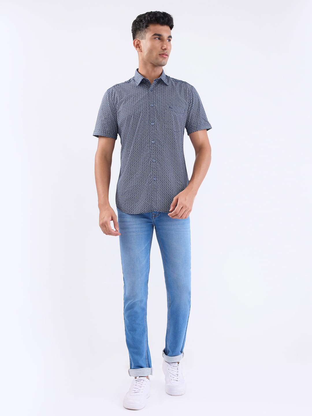 Raymond Men Regular Fit Print Pattern Linen Cotton Blend Semicutaway Collar Full Sleeve Casual Shirt (Size:42)-RCSQ01979-B6 Blue