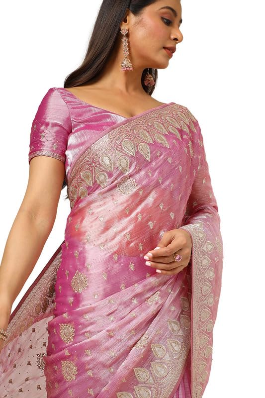 Soch Womens Onion Pink Organza Embroidered Saree With Stone Work