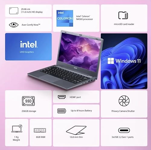 Acer Aspire 3 (2026), Intel Celeron Dual Core N4500 - (8 GB/256 GB SSD/Intel UHD Graphics/Windows 11 Home) Thin and Light Laptop/11.6" HD/Steel Grey/1.0 Kg/MS Office 2024