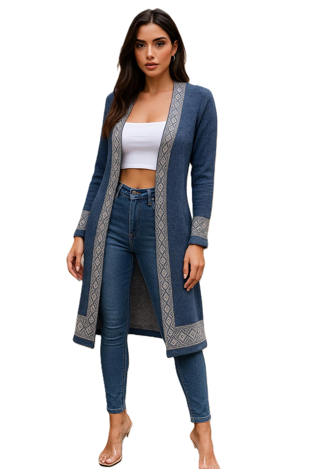 Women Woolen Log Sweater || Long Shrugs || Printed Woollen Coat || Open Front Longline Shrug Cardigan (in, Alpha, XL, Border Navy)