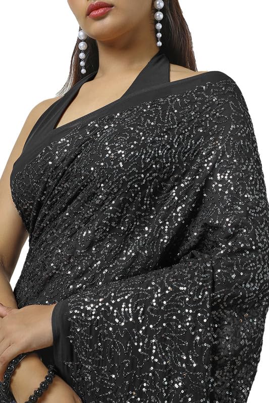 Soch Womens Black Chiffon Saree With Sequence Work