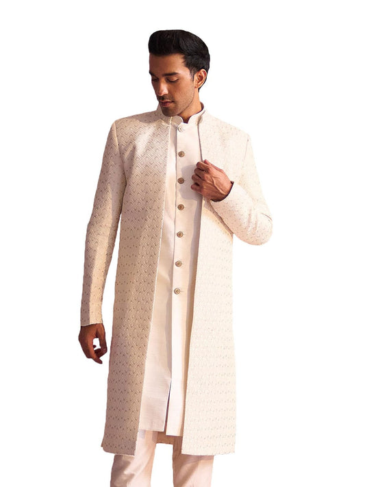 VASTRAMAY Men's Cream Silk Blend Sherwani Only Top