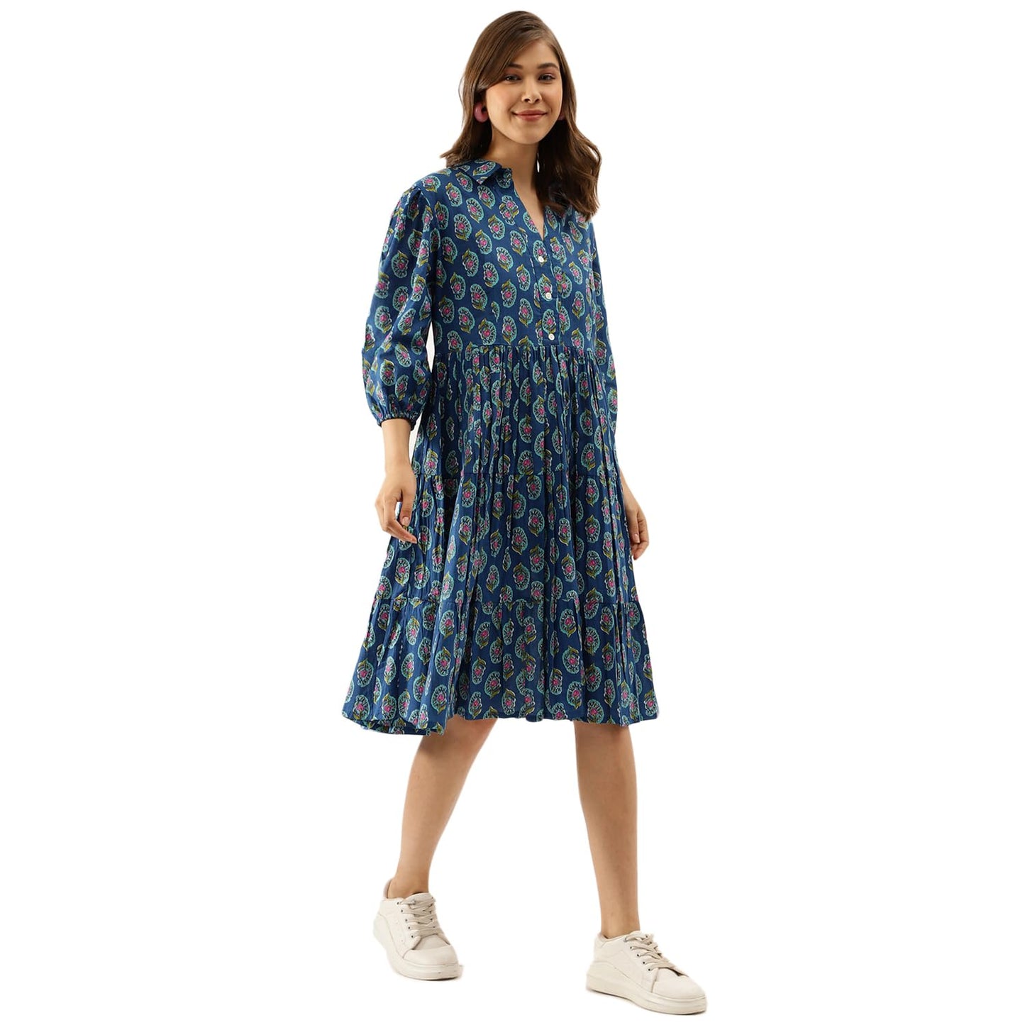 Divena Blue Paisley Printed Cotton Dress for Women