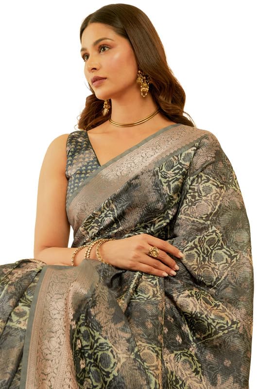 Soch Womens Charcoal Chanderi Jacquard Saree With Ethnic Print