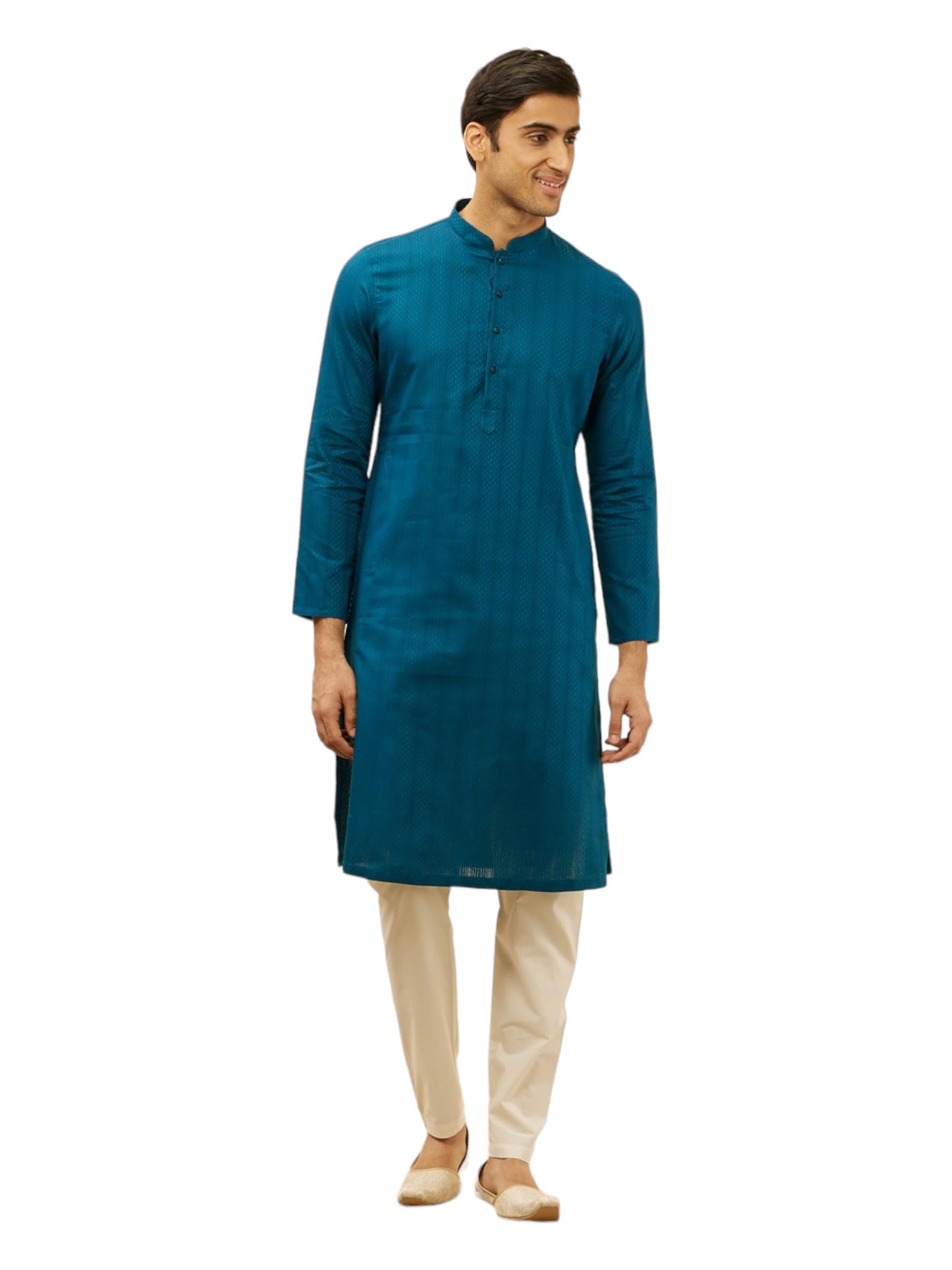 Manyavar Mens Blue Cotton Checks Kurta Pyjama Set
