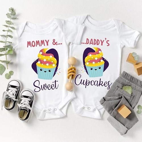 KNITROOT Twin Romper, Unisex Baby Kids Twin Onesies, Half Sleeve Bottom Snap Button, White Cotton Bodysuit, Sleepsuit, Mommy Sweet Daddy Cupcakes, 0-3 Months, For Twin Baby Boys & Girls