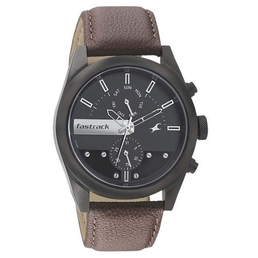 Fastrack Men Leather Black Dial Analog Watch -Nr3165Nl01, Band Color-Brown