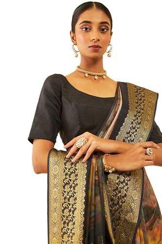 Soch Womens Brown Tussar Abstract Print Saree With Tassels(8907175714386)