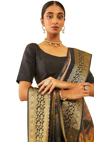 Soch Womens Brown Tussar Abstract Print Saree With Tassels(8907175714386)