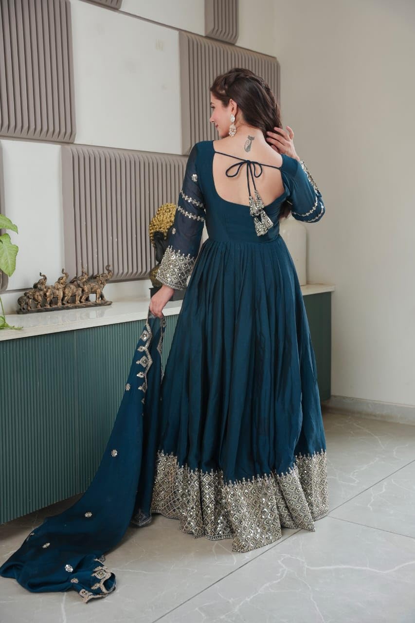 Women's Solid Embroidery Work Crush Silk Gown with Dupatta Long Sleeves and Round Neck Most Beautiful Havy Gown for Party | Wedding | Diwali |Any Occasion (in, Alpha, M, Regular, Women, Rama)