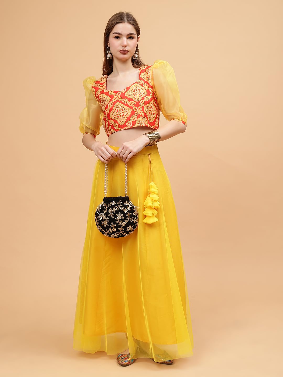 Frolic Rolic Orange & Yellow Bandhej Print Silk Blend 3/4th Organza Sleeves Sweetheart Neck Blouse ((FRBLS-016_Orange, Yellow_M)