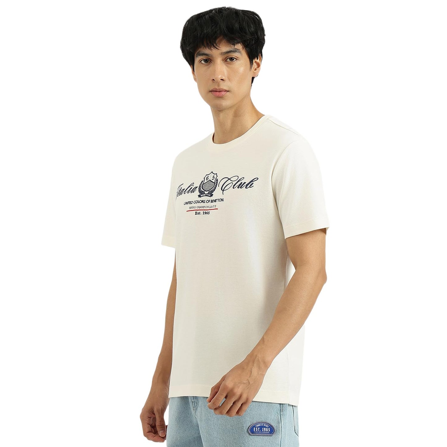 United Colors of Benetton Relaxed Fit Round Neck Embroidered T-Shirt (Size: L) - 25A3E99J3801I074 White