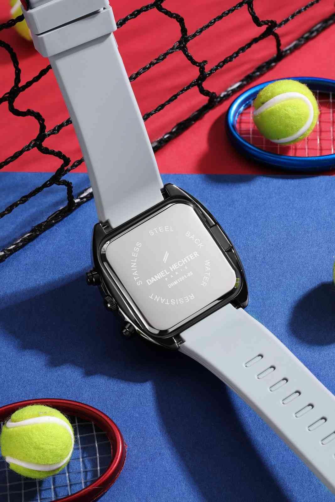 Daniel Hechter Paris Bercy Collection Modern Multi Functional Watch for Men with Square Dial and Silicon Band-DHM1001 (Dial: Black Strap: Grey)