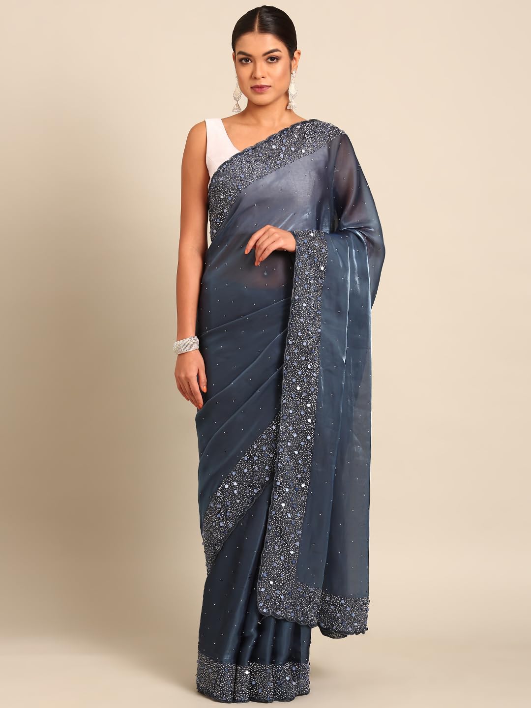MOHEY Grey Organza Embroidery|Stone Work Saree for Women