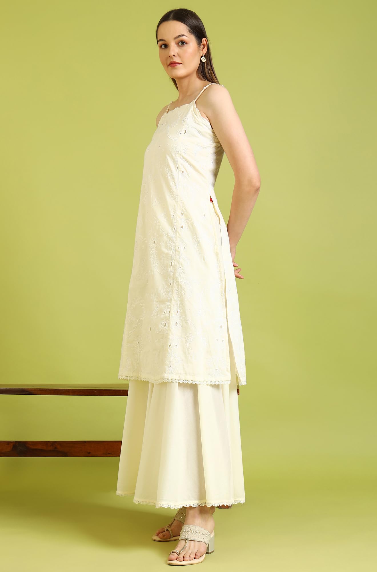 W for Woman White Embroidered Pure Cotton Straight Spaghetti Kurta and Sharara Set with Dupatta (Size: 3XL)-WS12331-400798