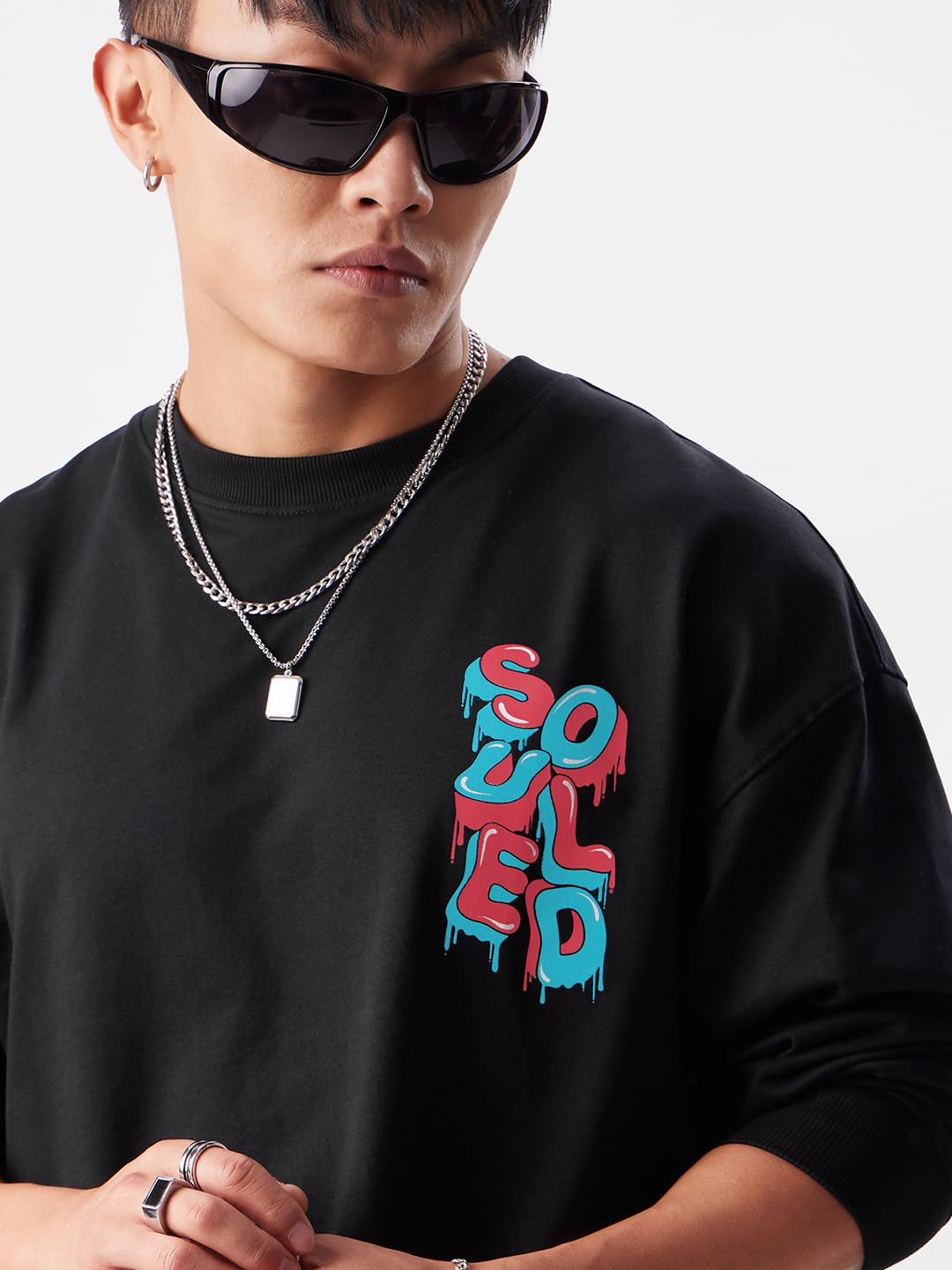 The Souled Store TSS Originals: Drip Check Mens & Boys Oversized Fit Graphic Printed Full Sleeve Cotton Black Oversized Full Sleeve T-Shirts Men's t-Shirts Graphic tees Casual Fashion Regular fit