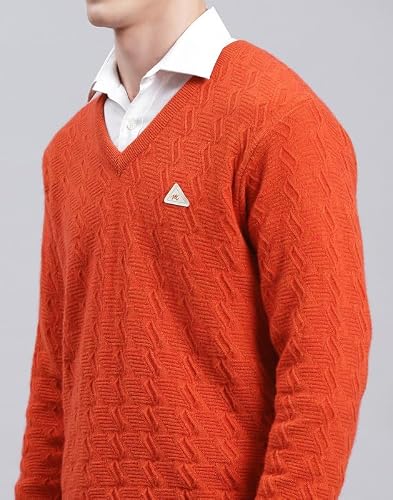 Monte Carlo Orange Mix Self Design V Neck Pullover