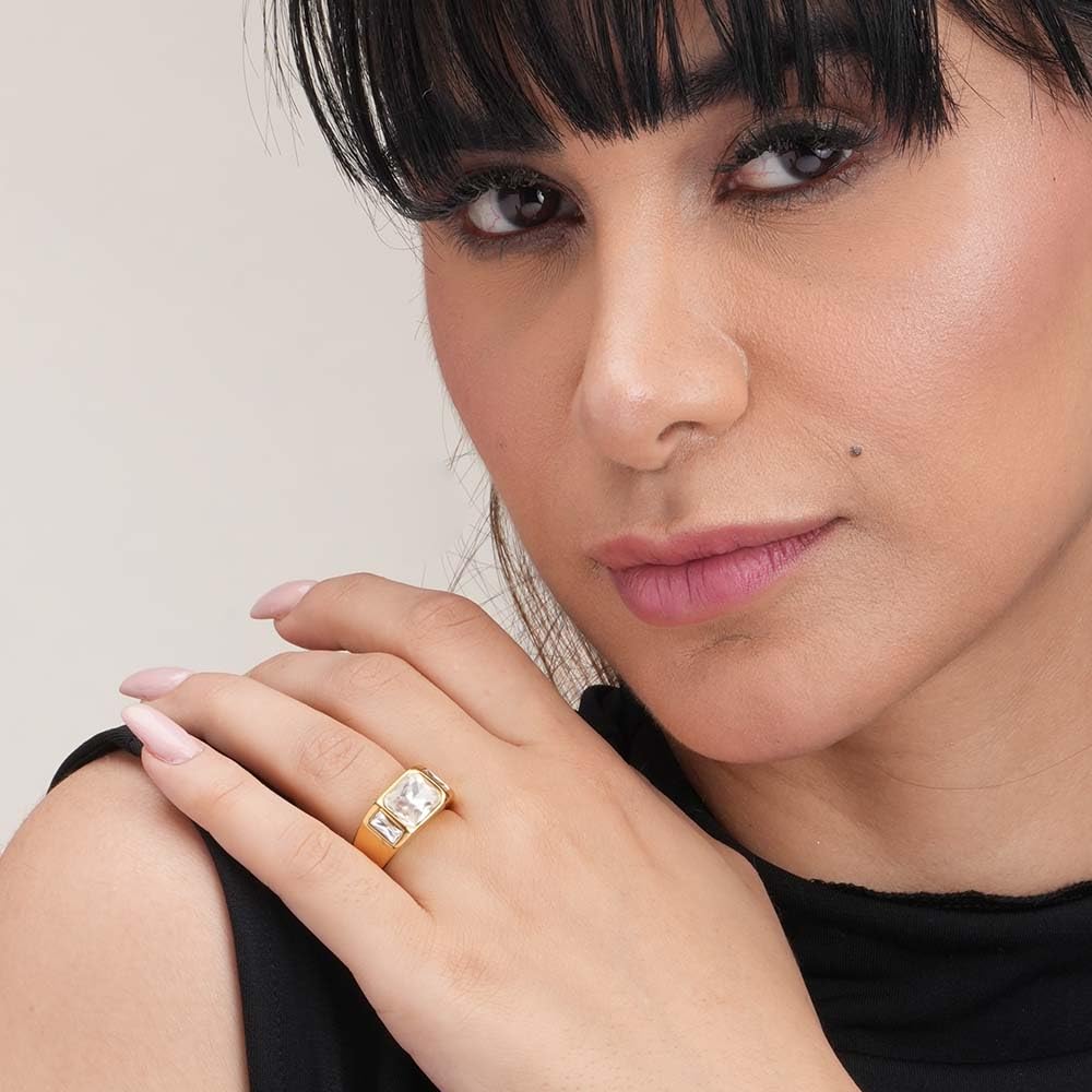 PALMONAS Zircon Studded Gold Chunky Ring for Womens - Waterproof & Anti-Tarnish (Size-8)