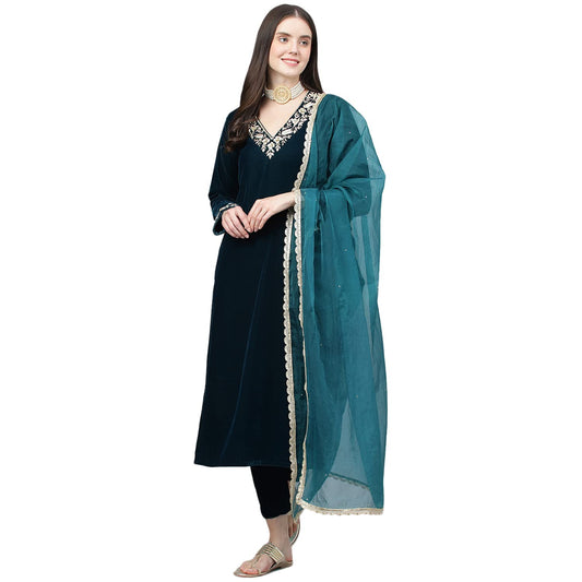 Divena Teal Green Valvet hand work Kurta pant With Organza Dupatta set