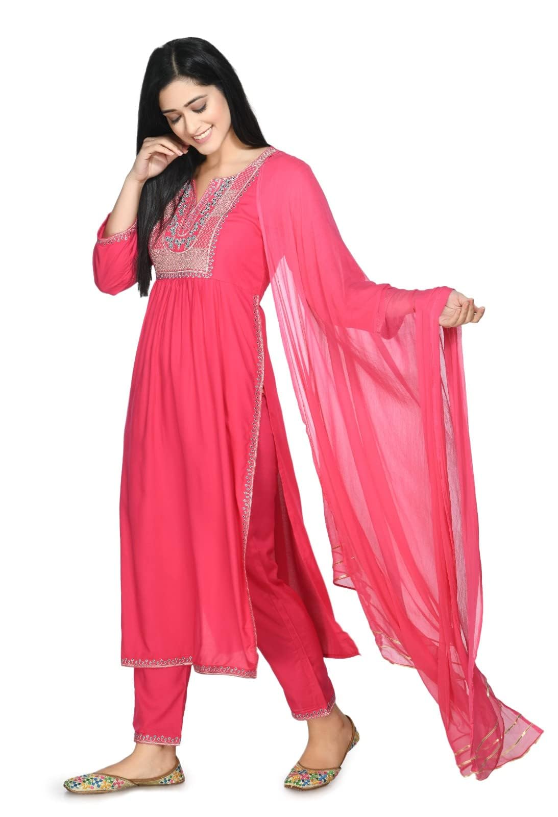 LIBOZA Rayon Ethnic Salwar Suit Set with Dupatta for Women Pink Nyra Cut - Elegant Ladies Heavy Work Kurta Sets with Special Stitched Pants (IN, Alpha, Small, PINK)