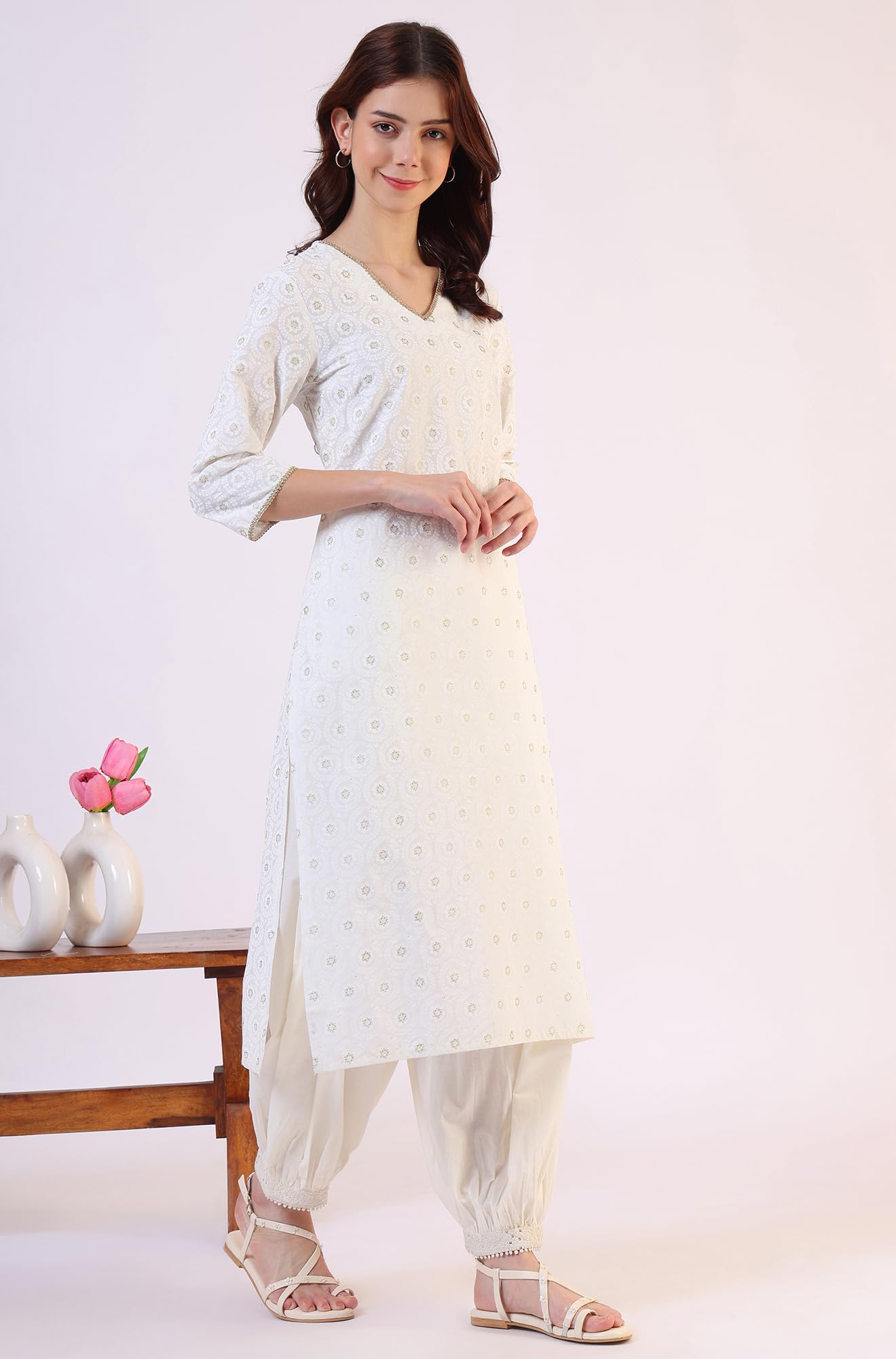 W for Woman Solid Pure Cotton Gathered Salwar (Size: L)-W63150-218090 Ecru