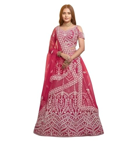 Women's Pink Net Embroidered Lehenga With Net Dupatta And Unstiched Choli
