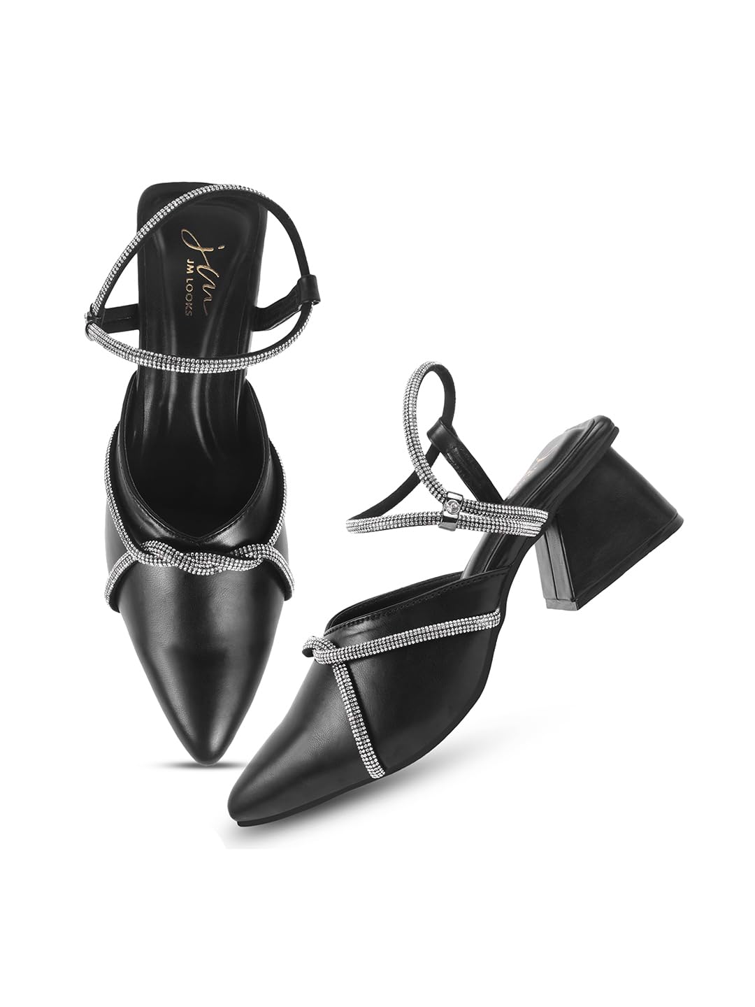 JM LOOKS Women's Block Heeled Sandal Low Heel Pointed Toe with Embellished Rhinestone Detail for Wedding Party Evening Prom - Black